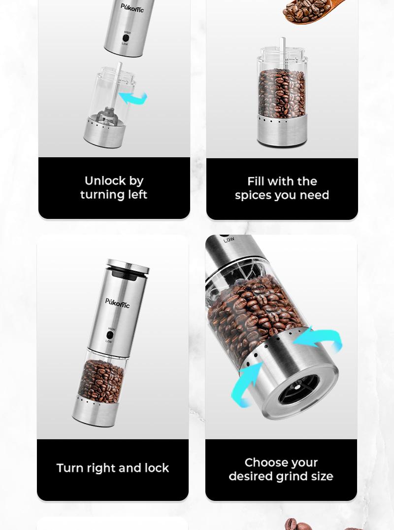 Pukomc Electric Salt & Pepper Grinder Set - 6 Adjustable Coarseness, Rechargeable Base, LED Light, One-Hand Operation, Detachable for Easy Cleaning, Includes 12 Grinders & Accessories Reusable Cooking Kitchen Seasoning Utensils