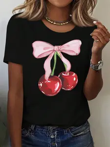 Women's White T-Shirt: Cotton cute cherry bow print loose crewneck summer short sleeve T-shirt, suitable for gym & daily wear, machine washable, cartoon print comfortable fabric;