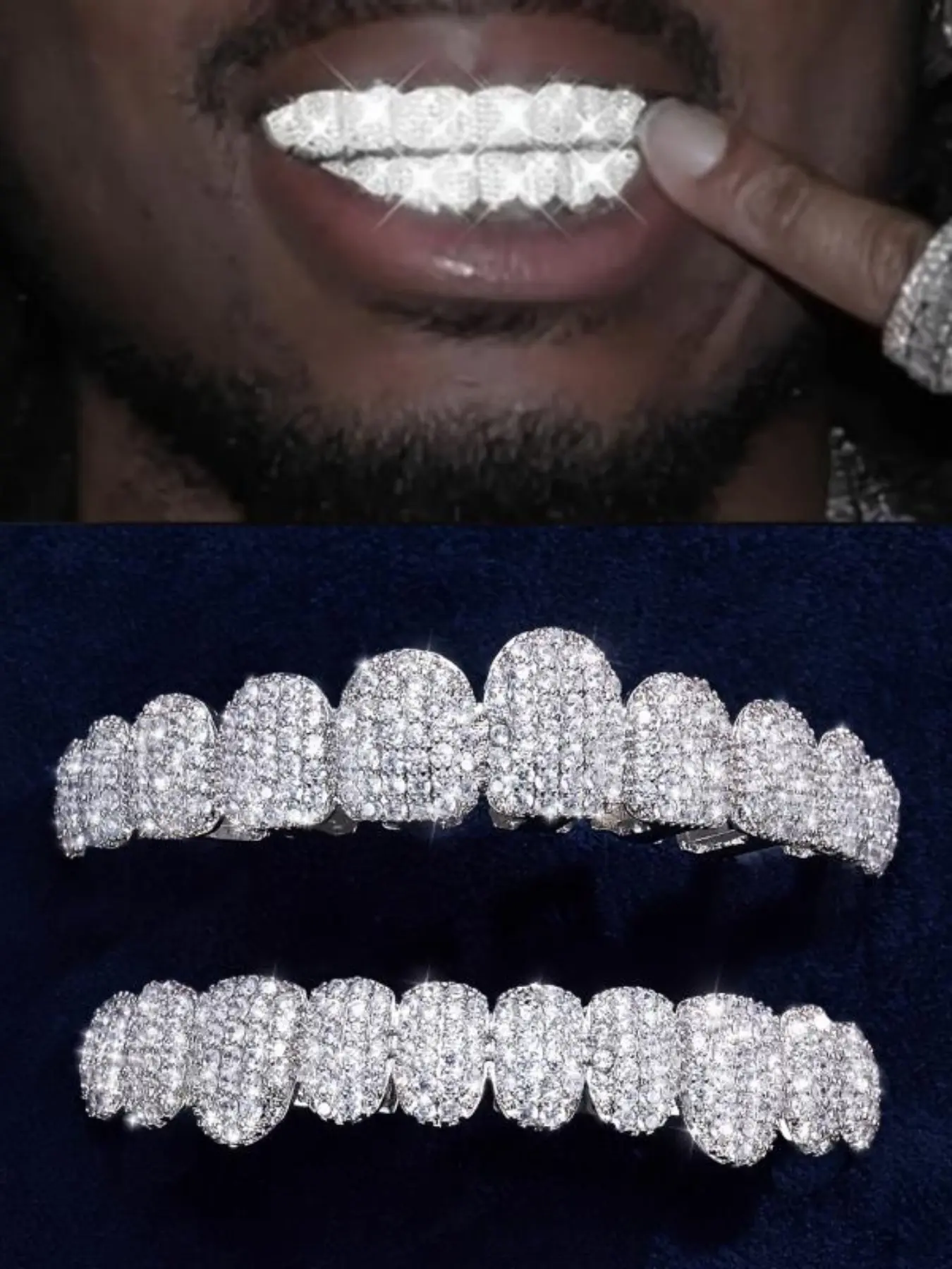 1PC/2PCS Set 18K Gold-Plated Cubic Zirconia Grillz for Top and Bottom Teeth, 10-Tooth Iced-Out Mouthpiece, Punk Rapper Cosplay Jewelry, Teeth Accessory