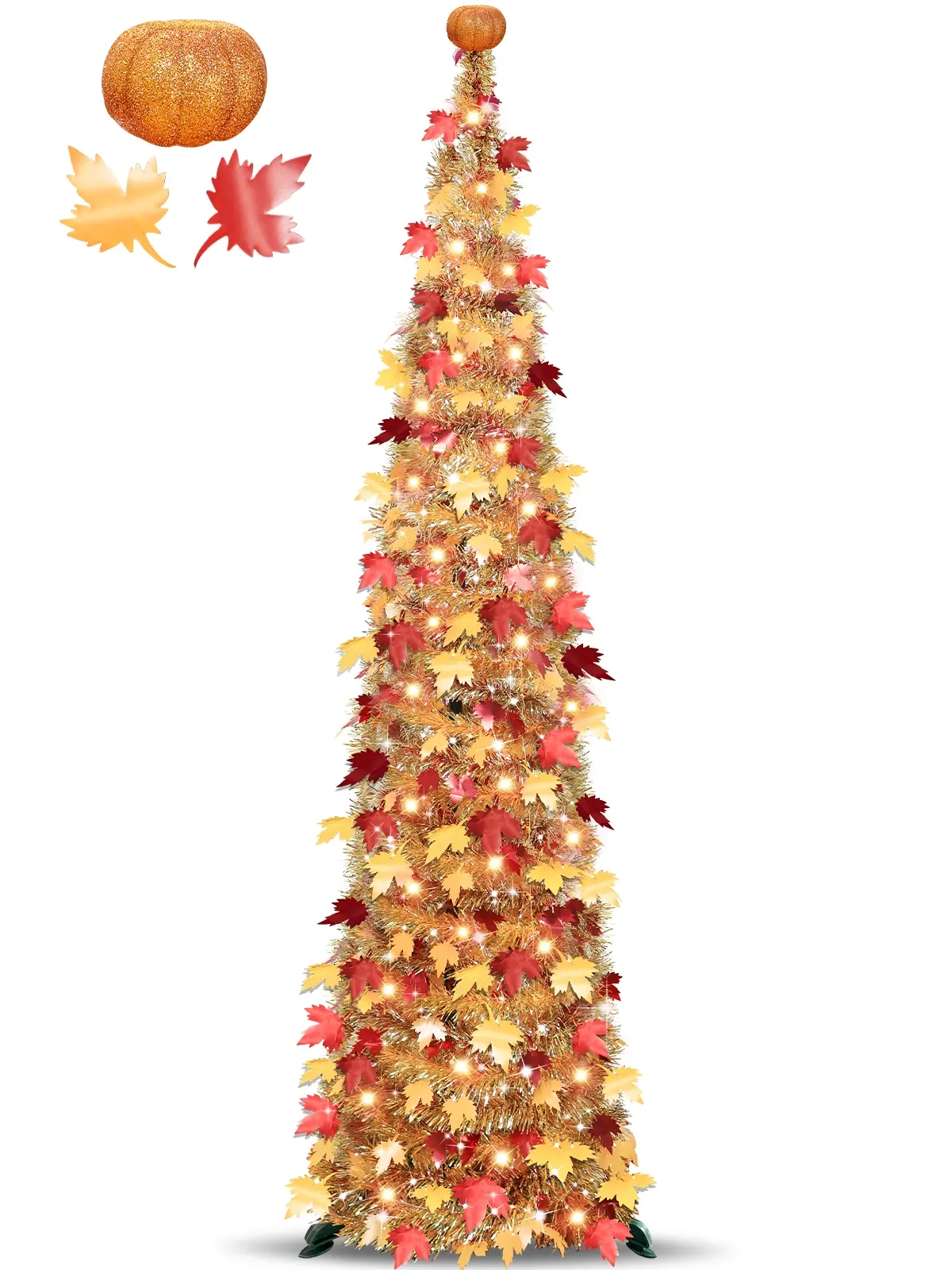 50 Lights & Glitter Pumpkin - 5FT Lighted Fall Tree Fall Decorations for Home, Fall Pop Up Tinsel Maples Tree 50 LED Orange Warm Lights Battery Operated Collapsible Thanksgiving Tree Decor Porch Home Party
