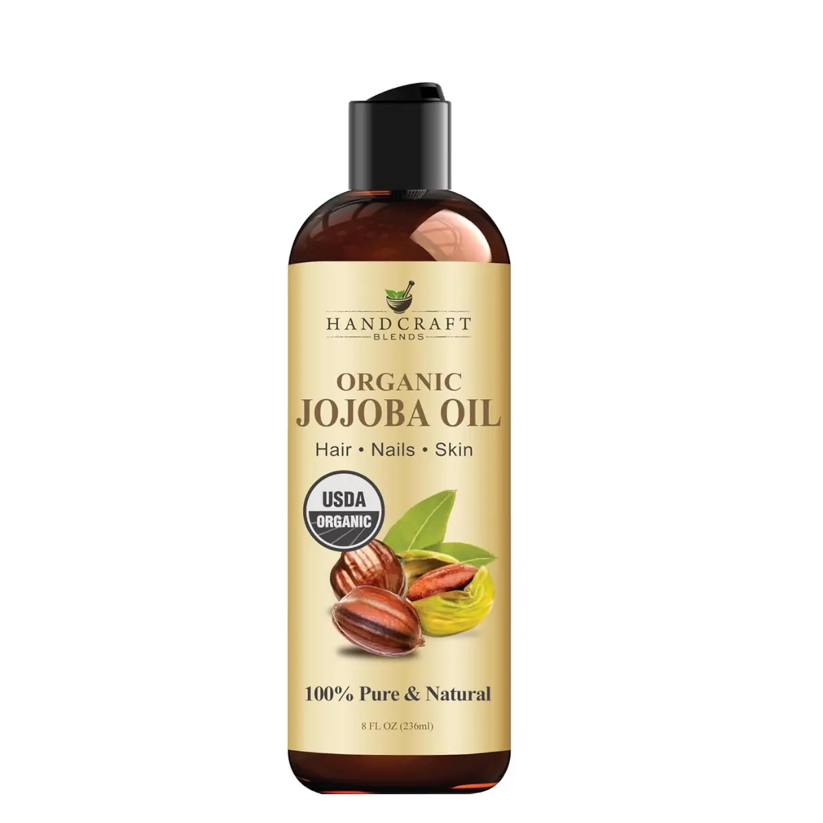 USDA Organic Cold-Pressed Jojoba Oil - 8 Fl Oz Handcraft Blends Premium Grade Carrier Oil, 100% Pure Natural, Hexane-Free for Hair, Skin & Massage