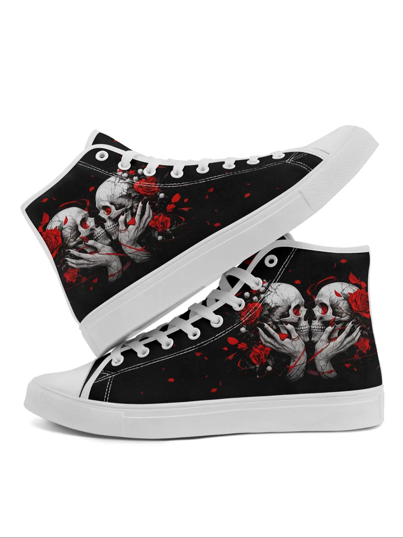 Women's Gothic Skull Trendy High-Top Sneakers, Trending Sneakers, Trendy Trainers, Fashionable Lace Up Punk Streetwear Lightweight Casual Sneaker Trainer Shoes for All Seasons, Breathable Textile Upper and Rubber Sole, Closed Footwear