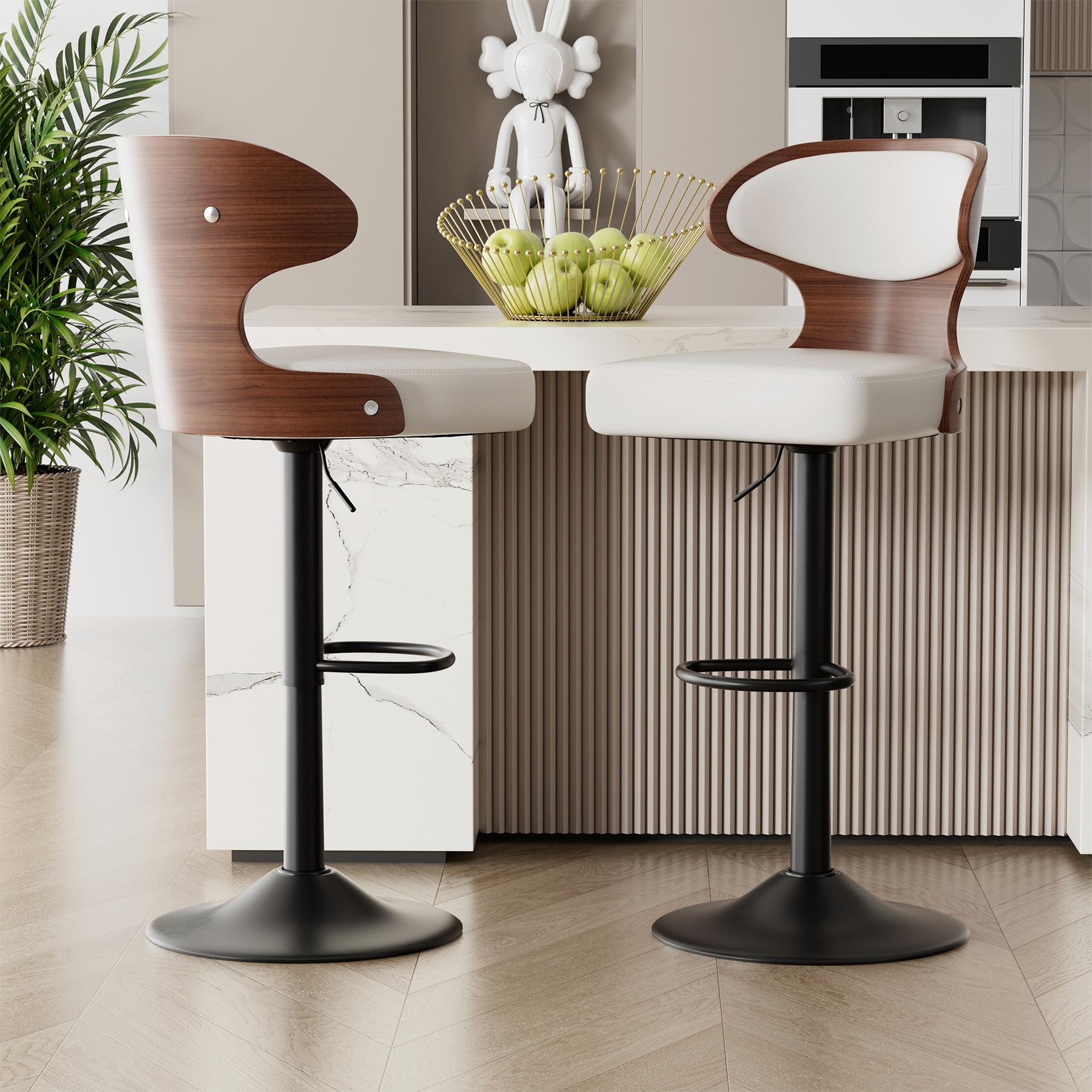 Bar Stools Set of 2 Seat Adjustable Height 24.5-33.5IN - Bentwood Swivel Barstools with Back & Footrest - PU Leather Upholstered Bar Chair for Bar, Kitchen, Dining Room