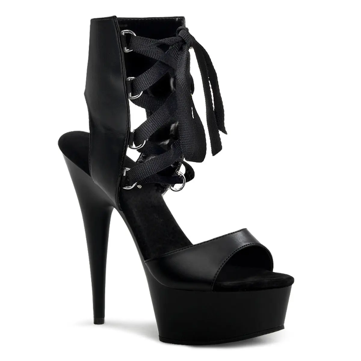 Pleaser Delight-600-14 Women's Black Platform Heels, Vegan Leather Open Toe Lace-Up Bootie with a 6-Inch Stiletto, High Heel