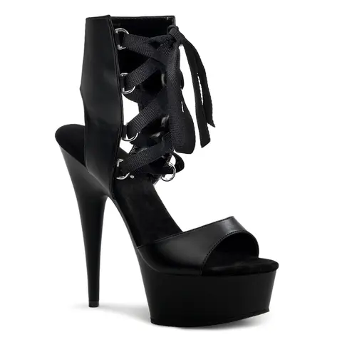 Pleasers Delight-600-14 Women's Heeled Shoes - Black Vegan Leather, Open Toe, Lace-Up Booties, 6" Stiletto, 1.75" Platform, Edgy Evening Footwear