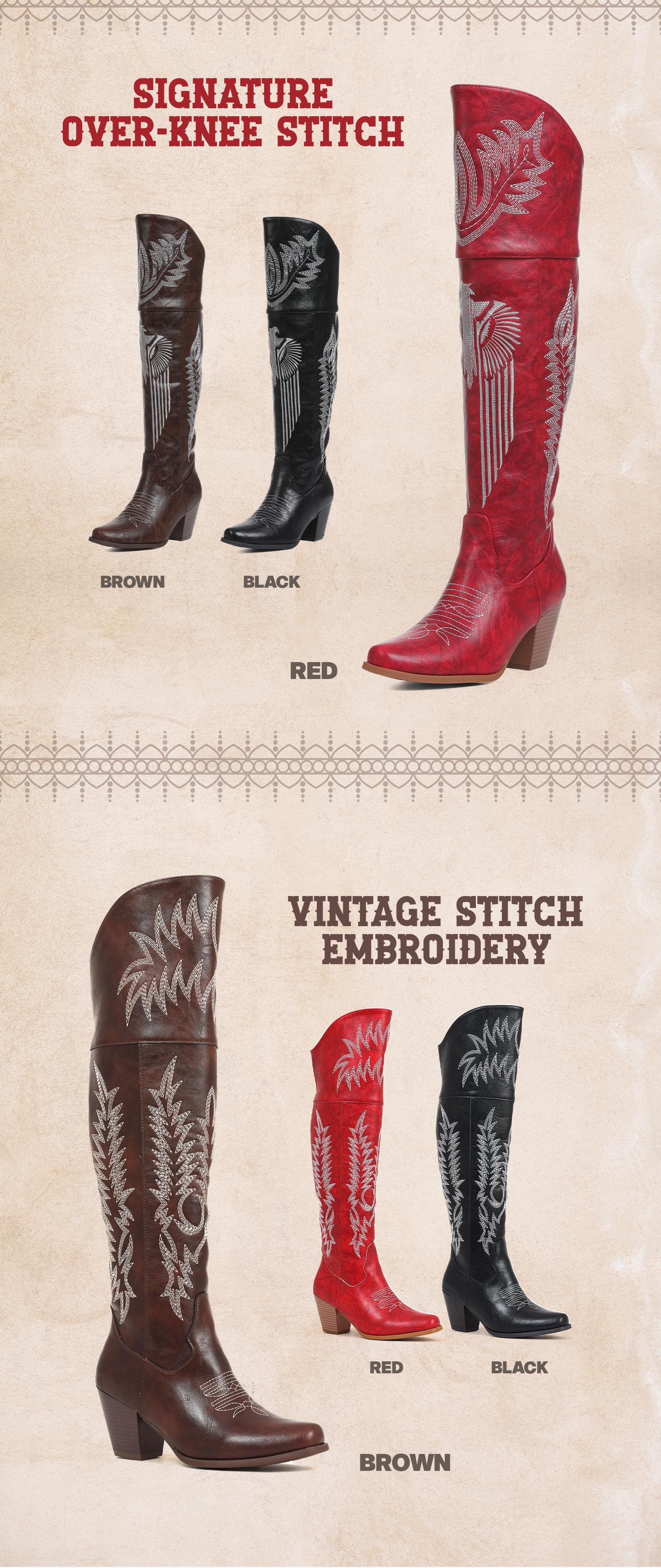 CELNEPHO Women Cowboy Boots Pointed Toe Classic Embroidered Chunky Block Heel Side Zipper Closure Over the Knee Western Boots Spring Party Cowboy Festival Dress Shoes