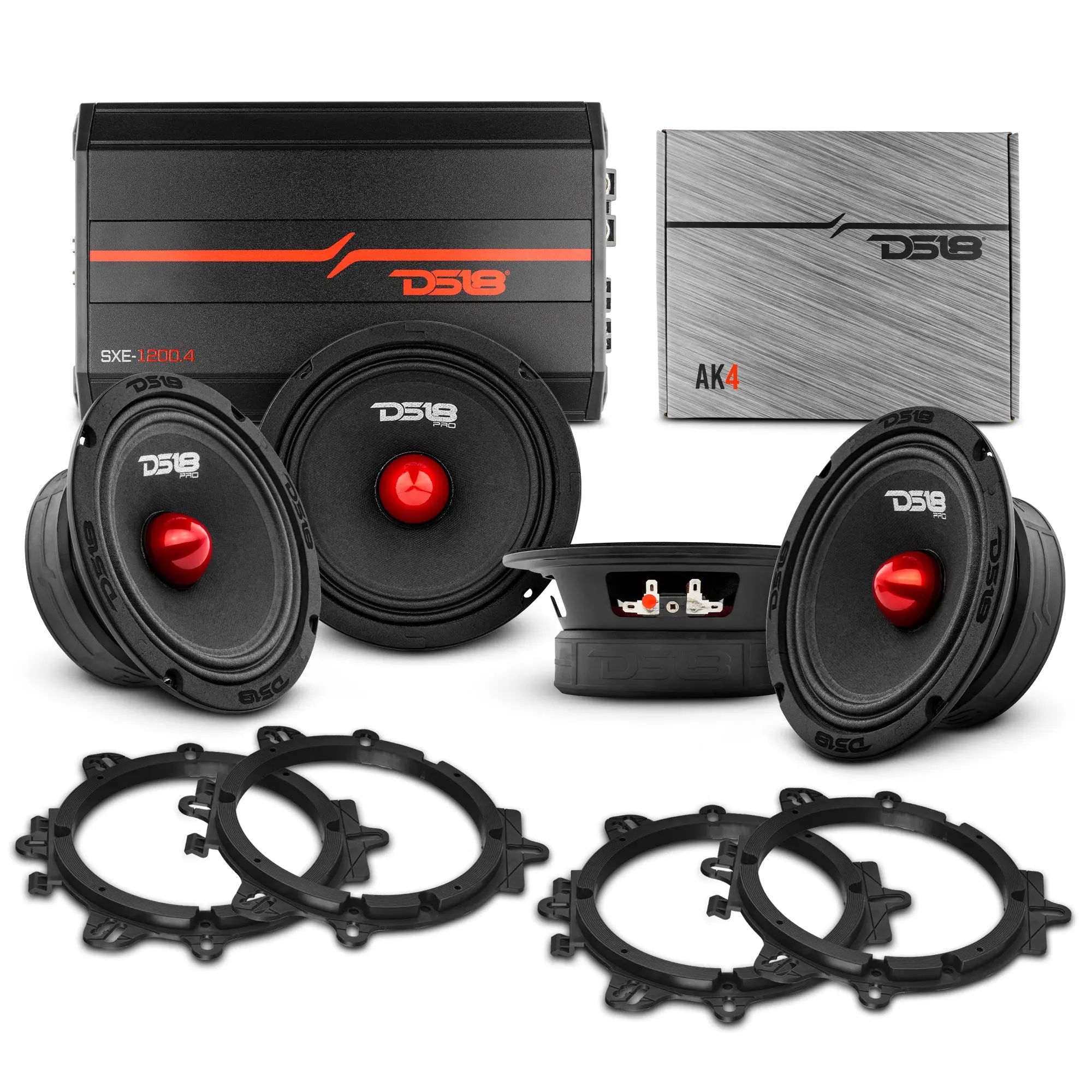 Pro Audio Speaker Bundle: 6.5" Midrange Speakers with OEM Speaker Adapters, Amplifier, and Wiring Kit