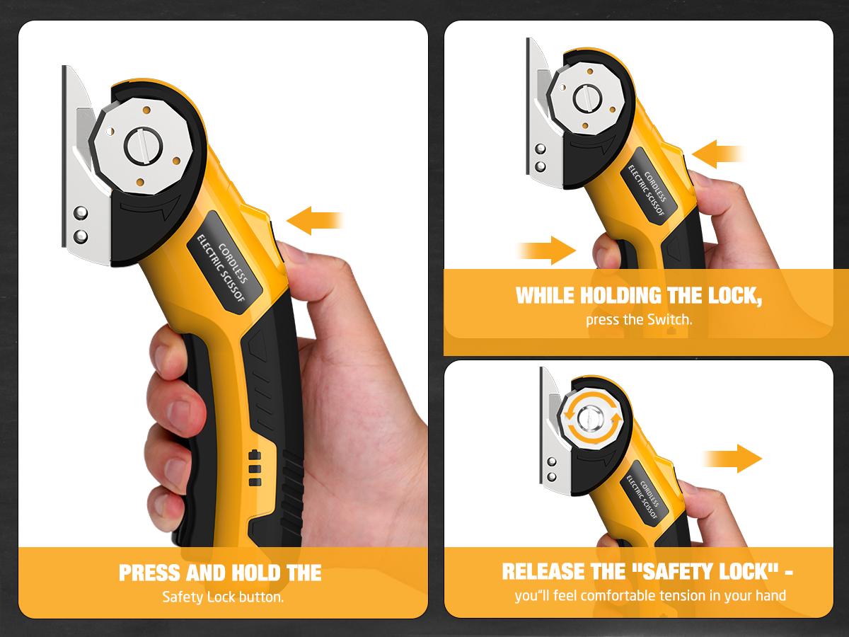 【MothersDayGift】Zeleki Cordless Electric Scissors 4V &ndash; Rechargeable Heavy Duty Cutter with Safety Lock, LED Light, Long Battery Life & 2 Extra Blades | Easy-to-Use Wireless Shears for Cardboard, Packaging Yellow with Storage Bag