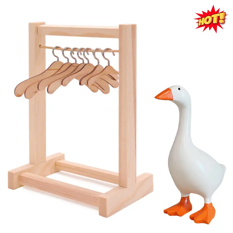 12'' Wood Rack Set with 15 Hangers, 6.5in Hanging Clothes Organizer for 7in Magnetic Desk Goose, Easy-Installation Mini Outfit-Accessory Holder, Cute DIY Decoration Gift for Collectors