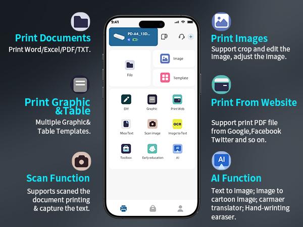 【JADENS】 Portable Thermal Printers,Wireless Bluetooth Smart Printer with 6 Roll Various Sizes Paper,Support US Letter for Business Office Home School
