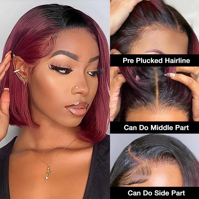 Pizazz Hair 1B/99J Burgundy Ombre Short Straight Bob Wigs Human Hair With Pre Plucked Hairline 220% Lace Frontal Human Hair Wigs