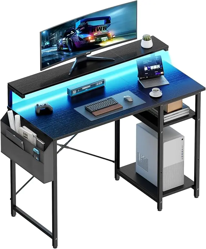 HLDIRECT 40-Inch Heavy Duty Wobble-Free Frame Gaming Desk - Soft LED Glow, Ergonomic Sit-Stand Monitor Arm, Side Storage Shelves, Storage Bag, Adjustable Height Furniture for Home Office, Man Cave