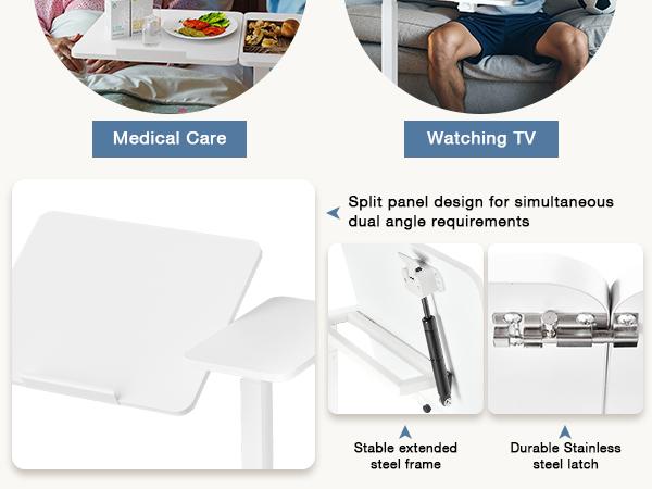 Overbed Bedside Table with Wheels, Adjustable Hospital & Home Use Bed Table, Rolling Laptop Table, Mobile Standing Desk