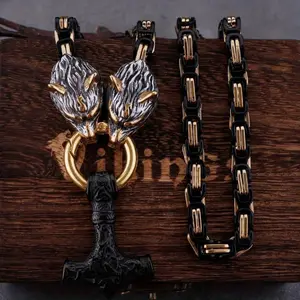1pc Men's Dominant Retro Emperor Necklace, Wolf Head Necklace, Stainless Steel Nordic Viking Hammer Amulet Jewelry Necklace Gift, father's day gift