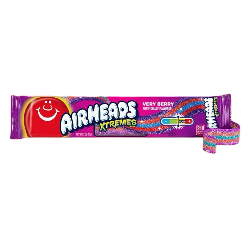 Airheads Xtremes Rainbow Sugar Candy - Sour Flavored Very Berry Chewy Candy Treat, Tangy Sweet Soft Fruity Gluten-Free Belts, 2oz No Artificial Colors Fruit Snack, Soft Fruity Candy