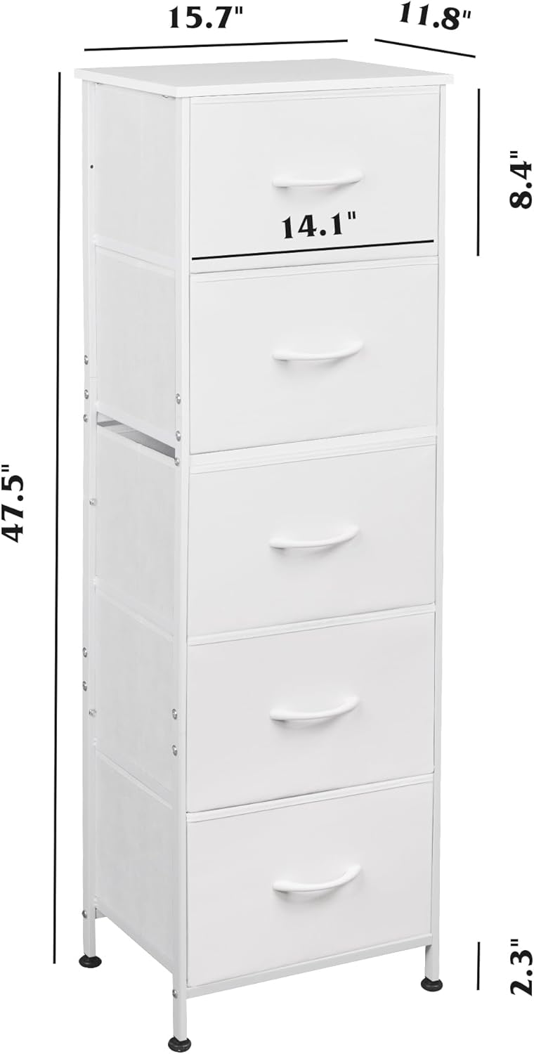 5 Drawer Fabric Dresser Tall Storage Tower with Wood Top Sturdy Metal Frame Large Capacity Chest of Drawers for Bedroom Closet or Hallway Available in Multiple Colors
