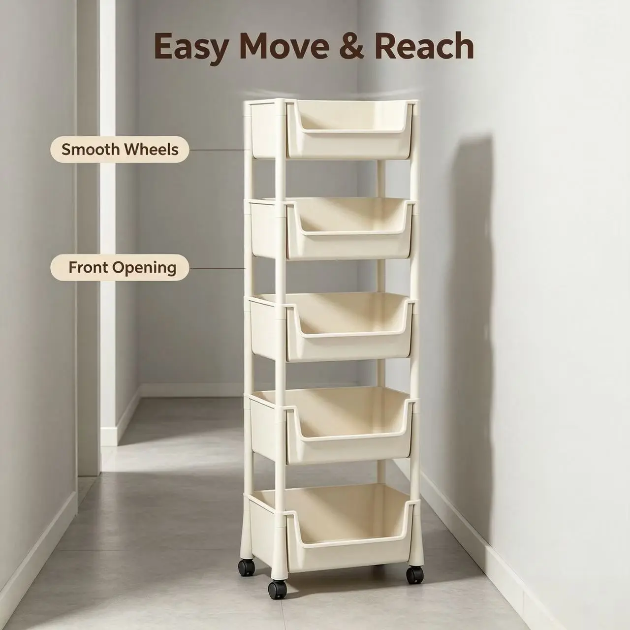 5-Tier Slim Rolling Cart with Wheels - Front-Open ABS Plastic Clever Organiser, Bath Storage Holder, Bedroom Space-Saving Home Clutter Solution