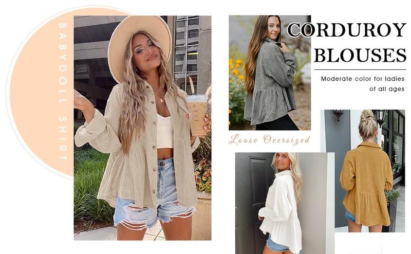 Imily Bela Womens Corduroy Shirts Casual Long Sleeve Button Down Blouses Tunic Babydoll Dress Loose Pocket Jacket Shackets