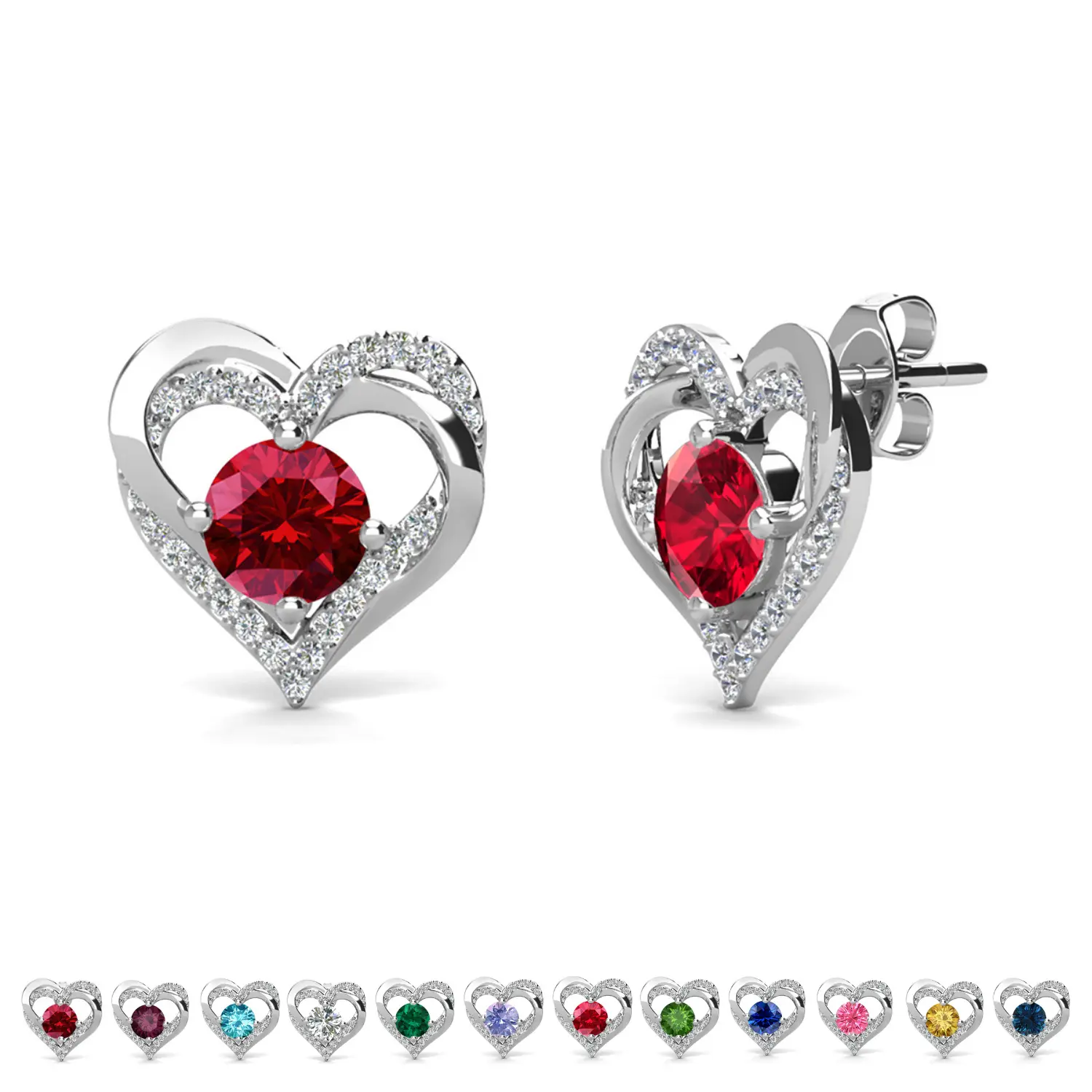 Forever 18k White Gold Plated Birthstone Double Heart Earrings with Simulated Diamond Crystals