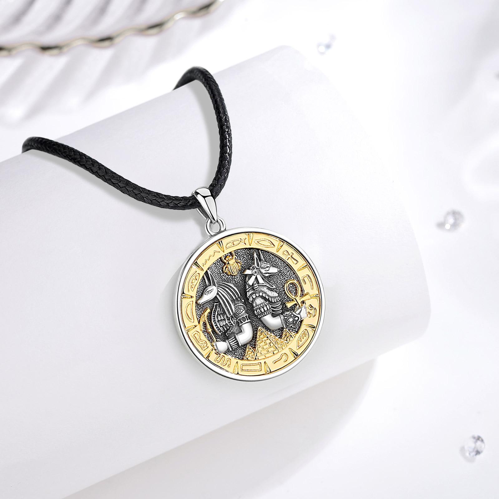 Eudora S925 Sliver Egyptian Necklace, Anubis & Horus God Pendants, Two-Tone Gold Eye of Horus Ankh Amulet,  Mythology Jewelry, Guardian  Hieroglyphics   Gift