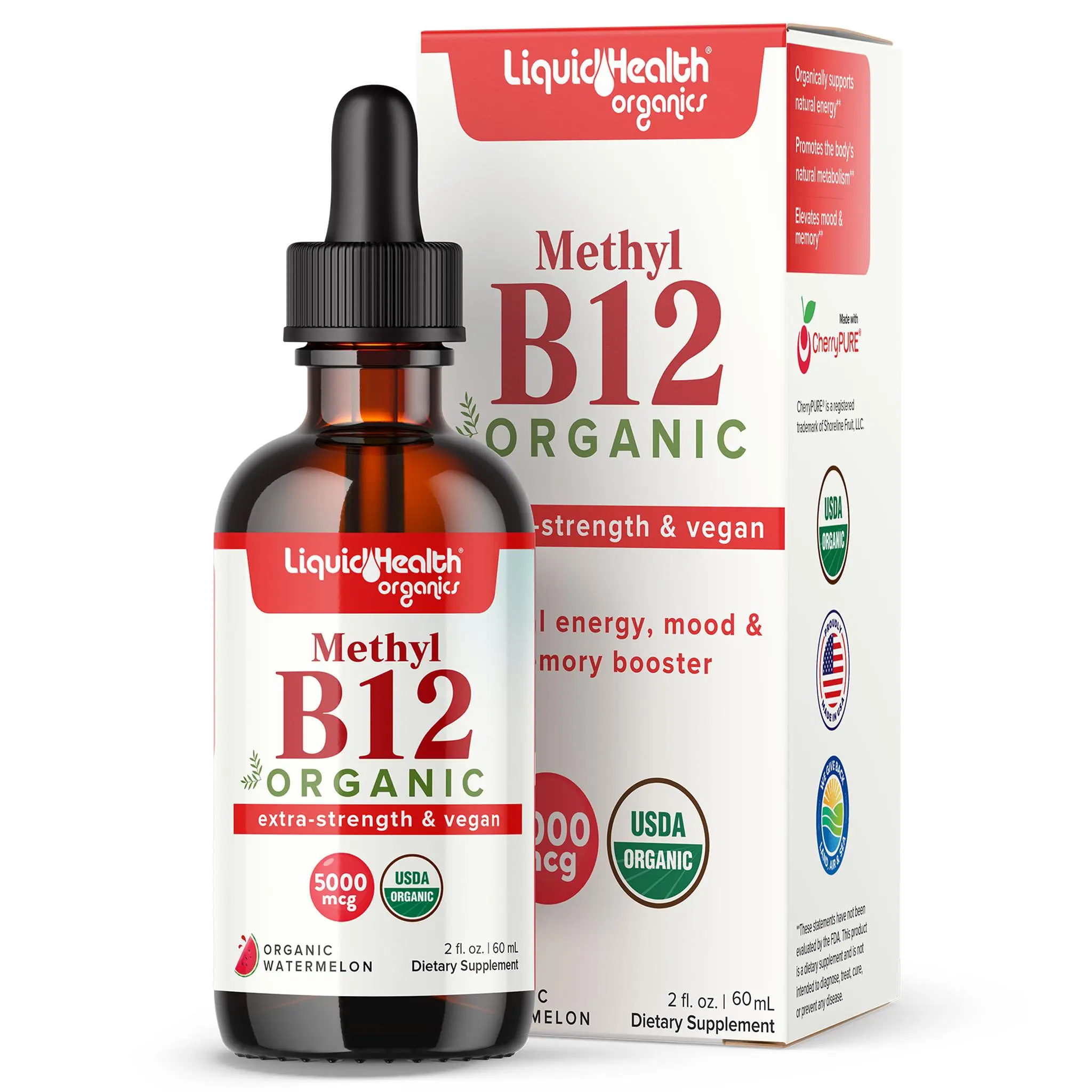 Organic Vitamin B12 Liquid Drops | Methylcobalamin 5000 mcg | Sublingual Dietary Supplement | Vegan, USDA Organic, Non-GMO, Gluten Free | Supports Energy Metabolism & Nervous System | 2 fl oz (60 mL)