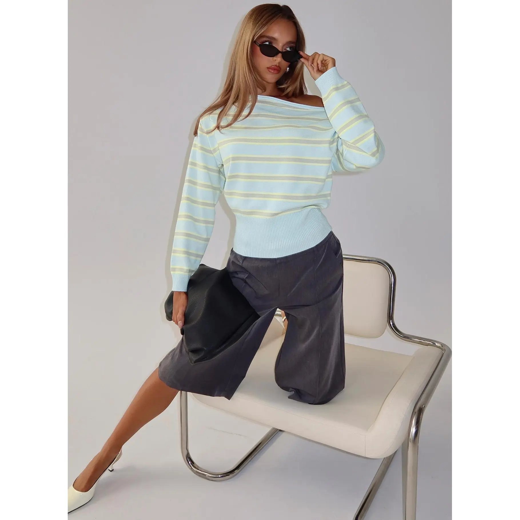 Zinia Off Shoulder Knit Sweater Grey / Blue Stripe Zinia Off Shoulder Knit Sweater Grey / Blue Stripe