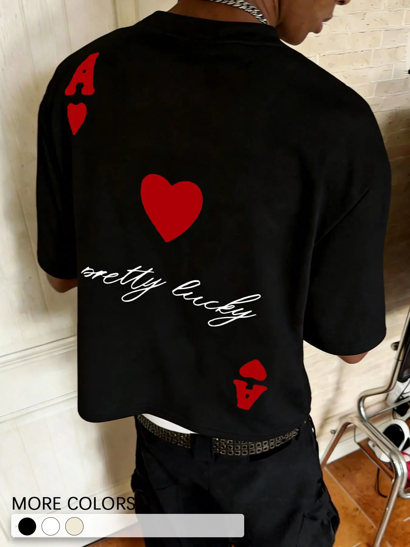 Men's Red Heart Ace Printed Cropped T-Shirt Top, Novelty Casual Streetwear for Daily & Party and Streetwear, Menswear