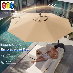 【On Sale】10ft Solar LED Cantilever Patio Umbrella  UPF50+ UV Protection Outdoor Offset LED Lighted Hanging Patio Outdoor Market Umbrella with Easy Tilt and Crank for Pool Deck & Garden-With Base