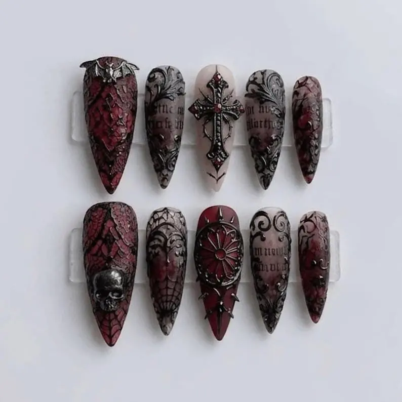 Gothic Press On Nails Red Black Cross Skull Theme, 3D Baroque Handmade Reusable Fake Nails, Luxury Glue On Nails for Halloween Cosplay Party