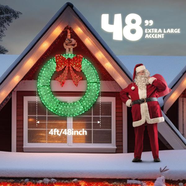 48/60in Pre-Lit Christmas Wreath - 315 LED Outdoor Decor w/Timer Remote, Weather-Resistant Metal Frame & Red Bow (Green/Red)