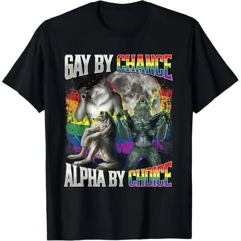 Men's 100% Cotton Round Neck Short Sleeve Funny Graphic T-Shirt - Alpha Wolf "Gay By Chance" LGBT Pride Print, Streetwear, Machine Washable, Menswear Gift For Boyfriend