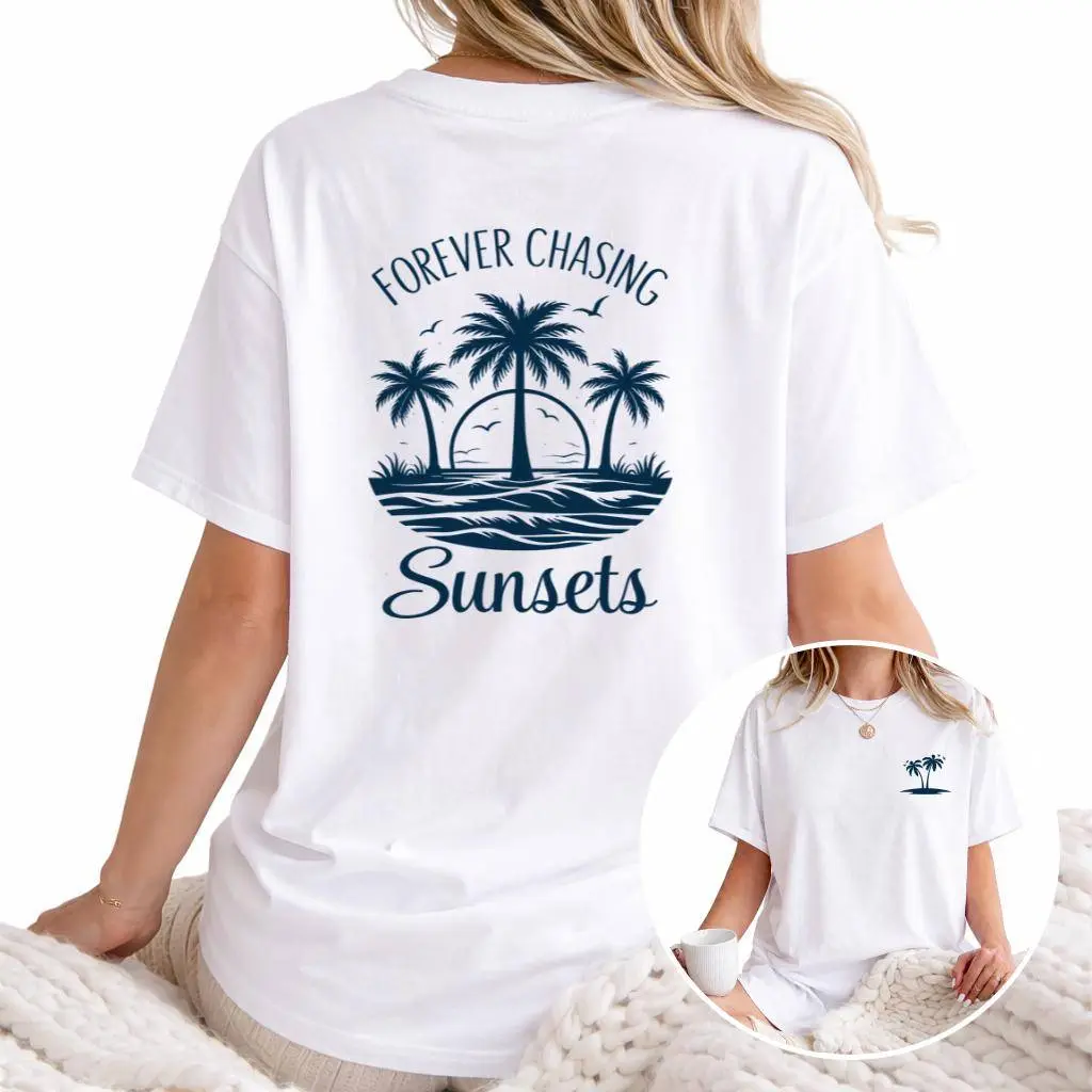 Women's Fitted Short-Sleeve Graphic Sports Top - Trendy Sporty Chic Streetwear, Forever Chasing Sunsets Palm Tree Beach Print, Geometric Design, Foldable, Summer Coastal Casual Tee for Vacation, Valentines Day, Easter