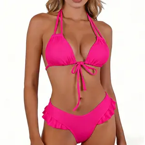 B2prity Women Ruffles Flounce Bikini Sets Low Rise Two Piece Swimsuit Sexy Swimwear Halter String Triangle Bikini Sets SummerVibes