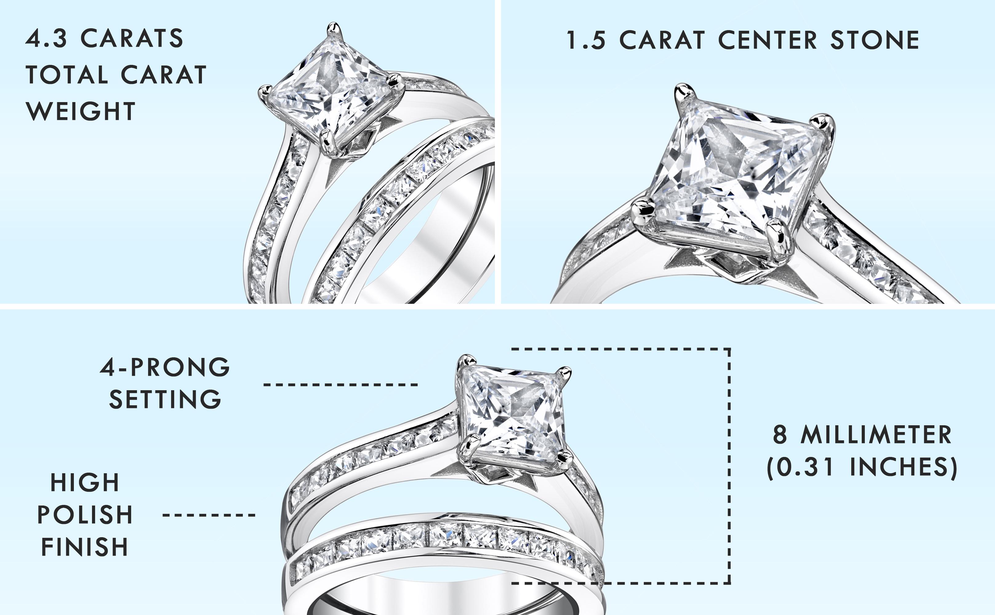 Womens 1.5 Carats Sterling Silver Bridal-Set Engagement Wedding Ring Cubic Zirconia 8MM