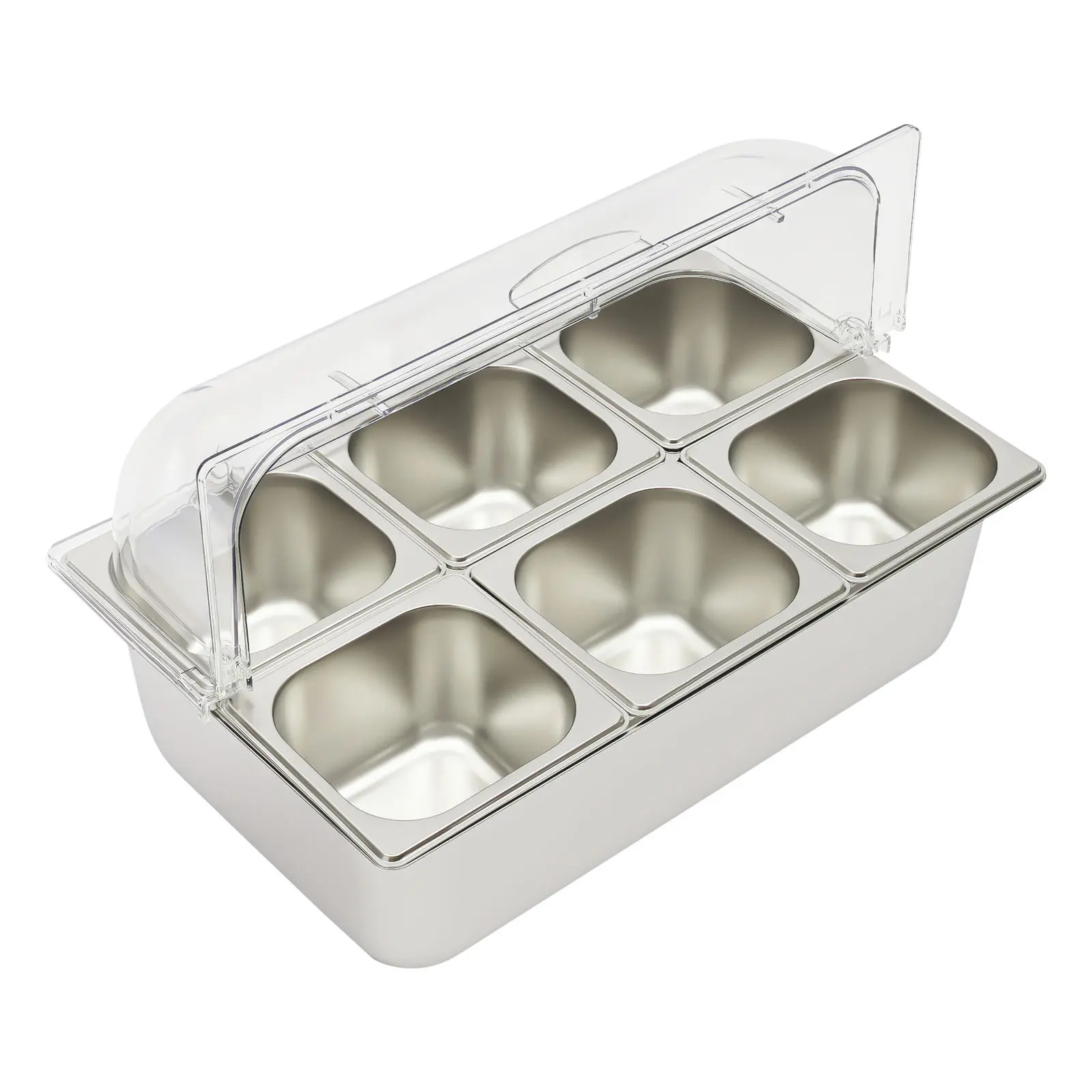 Stainless Steel Kitchen Ice Food Serving Display Tray with 6 Pans, Open Storage Bins, Reusable Containers - 53×33×33 cm, 4.2 kg, 17×16×10 cm Individual Size Tray, Sushi Display, Salad Fresh-Keeping, Non-Microwave-Safe for Buffet Restaurants, Individual Si