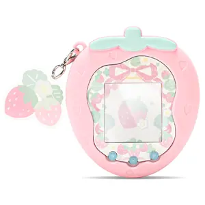 GeekShare Cute Strawberry Design Silicone Protective Case for Tamagotchi Uni, Full-Body Cover, Comes with Stickers & Acrylic Keychain - pink