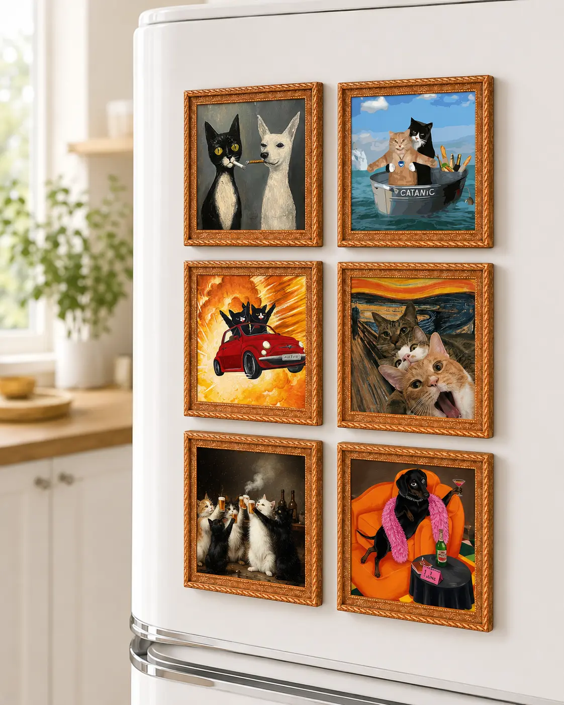Funny Pet Parody Art Wooden Picture Frame Magnet - 3 Inch 2-Layer Retro Animal Meme Refrigerator Magnet