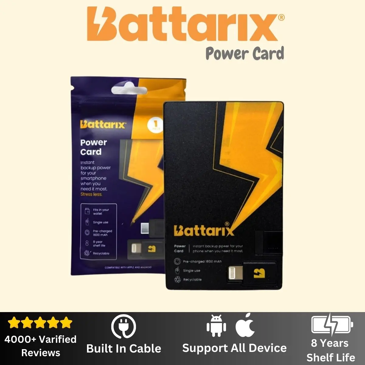 Battarix Power Card - Battery for Smartphone & All Device - USB Battery Replacement - Support All Device Connectivity Built In Battery Cellphone