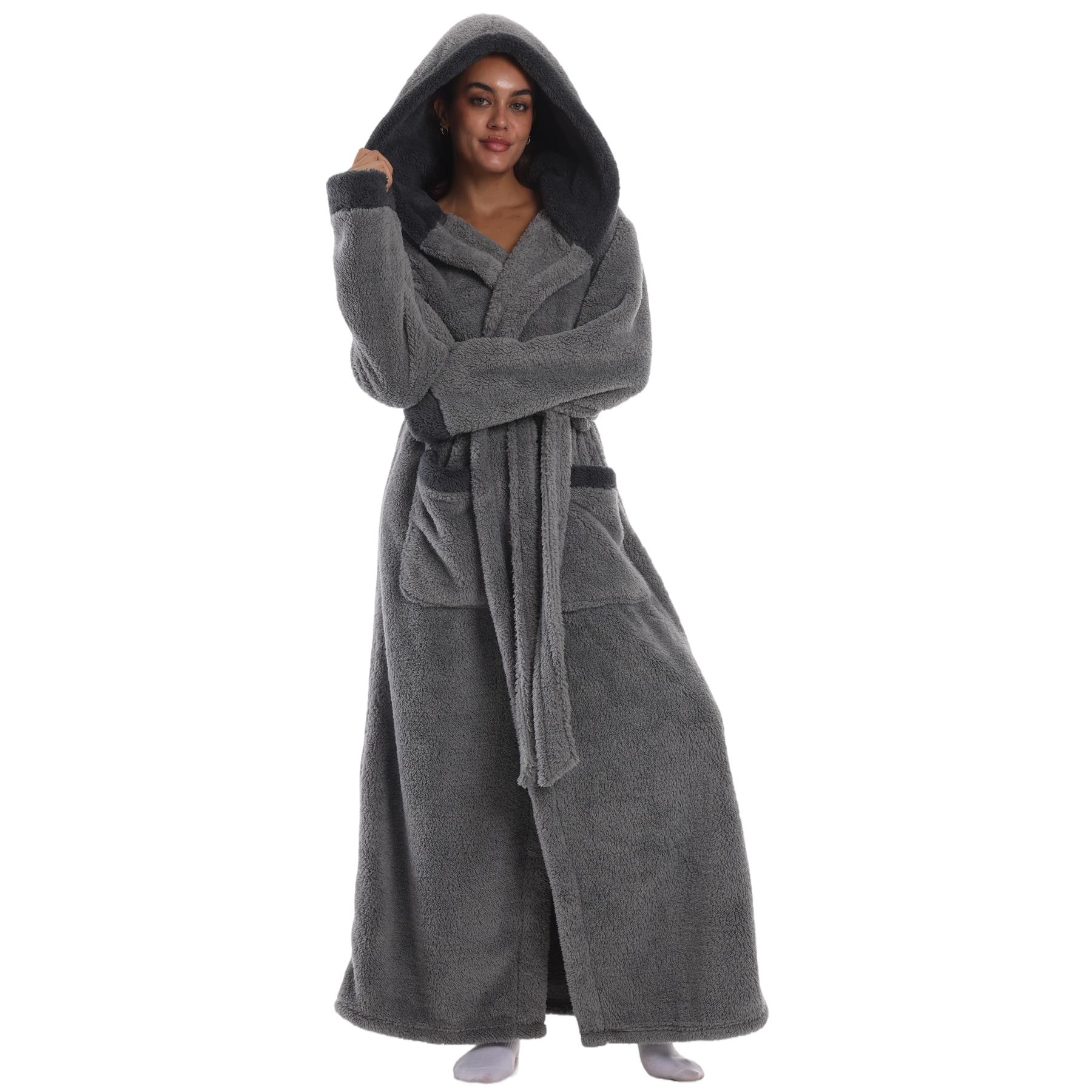 Msrlassn 1Pcs Cozy Soft Bathrobe Flannel Lined Hooded Robe for Women , Thickened Long Sleeve Pyjamas Cute Print Home Loungewear Sleepwear Gowns
