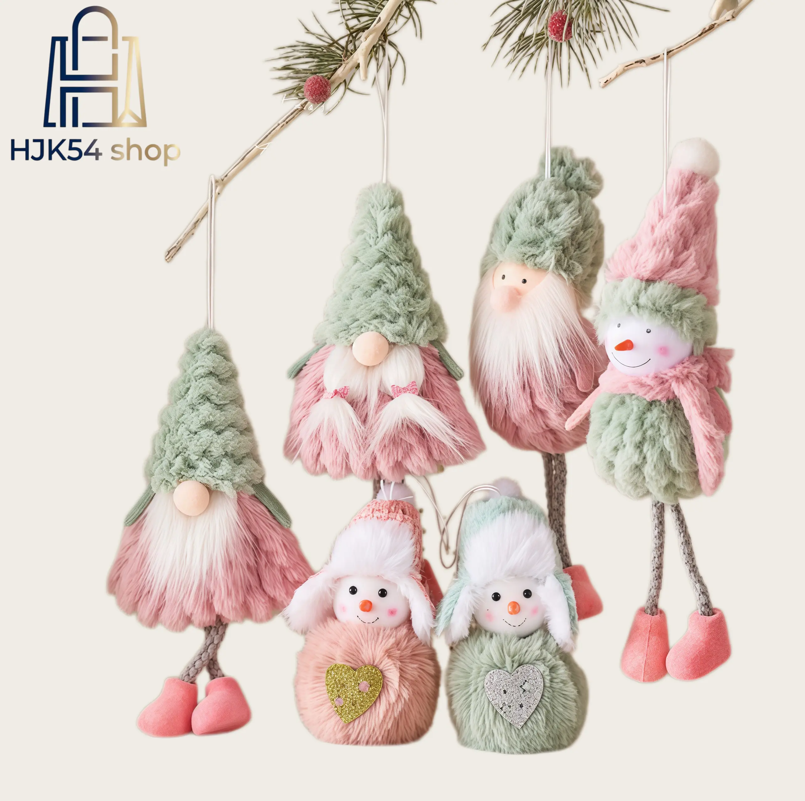 Pastel Pink-Green Christmas Gnome & Snowman Plush Ornaments, Whimsical Soft Fabric Hanging Decor, Cozy Look Cartoon Characters Indoor Home Tree Party Gift Charm Accessories