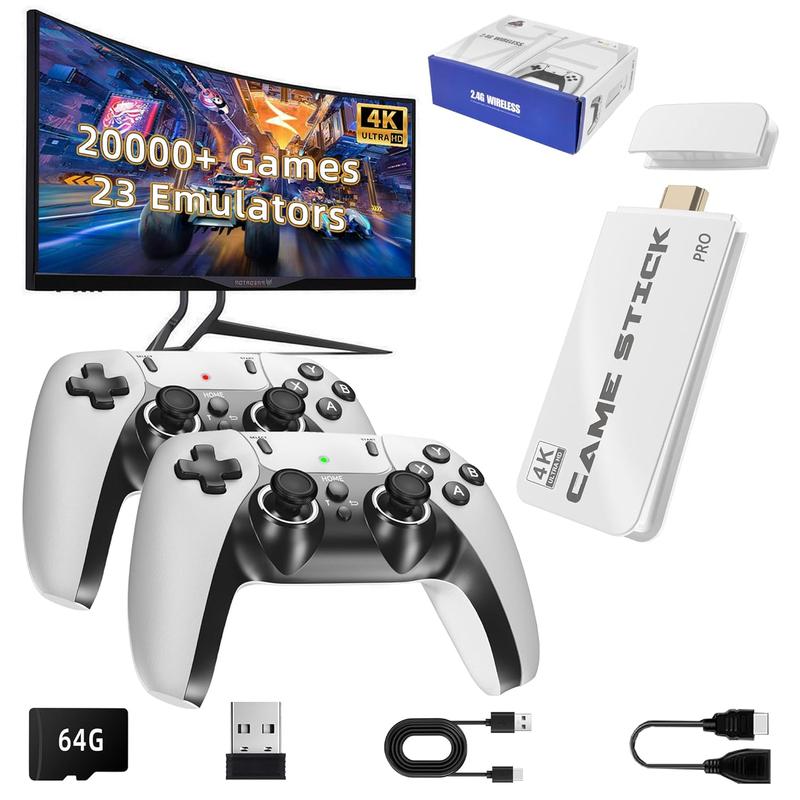 TV Game Stick Pro - 20,000+ Classic Games, 23 Emulators, 4K HDMI, 2 Wireless Controllers, 64GB TF Card, Plug & Play, Gift for Adults