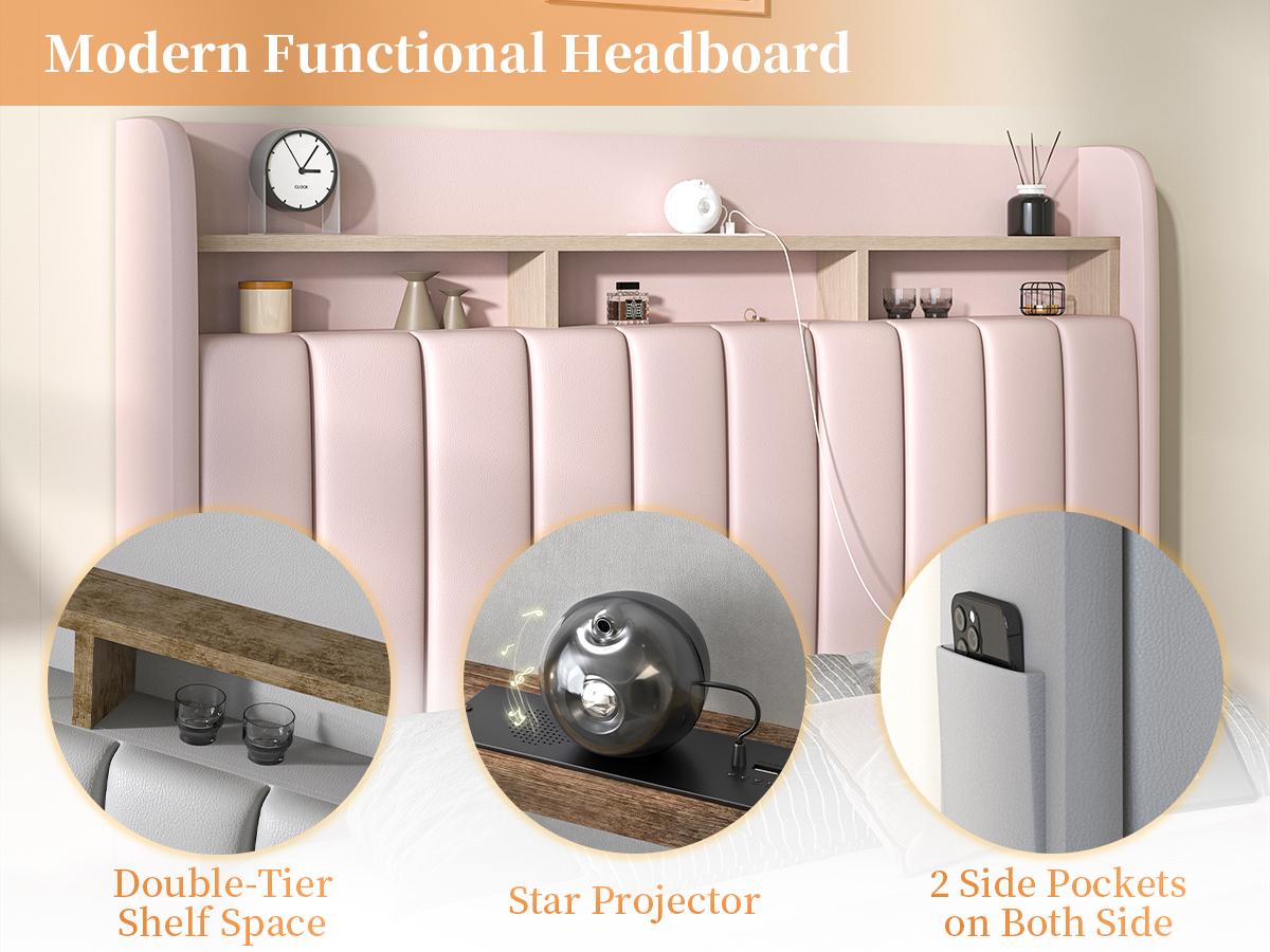 Sibeds Aurora Queen Bed Frame with 2-Tier Storage Headboard, Faux Leather Platform Bed with Galaxy Star Projector, Scratch-Resistant Upholstered Bedframe with Pet Rest Area for Dogs Cats, White / Black / Gray / Pink