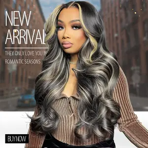 LEFGODY 13x6 1b/27 Highlight Ombre Balayage Lace Front Wigs Human Hair Black and Blonde Body Wave Lace Frontal Wig Pre Plucked with Baby Hair for Black Women HD Transparent 180% Density Wig 24 Inch