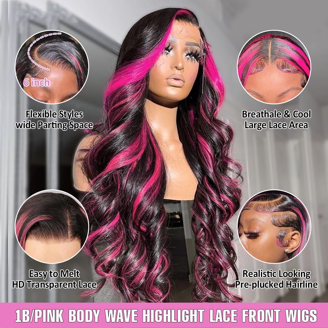 Highlight Ombre Lace Front Wig Human Hair 13x6 Body Wave 1B/Pink Colored Lace Front Wig Human Hair Pre Plucked With Baby Hair Black And Pink Wig Human Hair 200% Density 34 Inch Skunk Stripe Wig Highlight Ombre Lace Front Wig Human Hair 13x6 Body Wave 1B/Pink Colored Lace Front Wig Human Hair Pre Plucked With Baby Hair Black And Pink Wig Human Hair 200% Density 34 Inch Skunk Stripe Wig