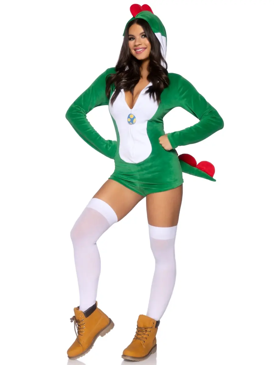 Leg Avenue Women's Extra Small Velvet Stuffed Dino Animal Costume Zip-Up Romper - Green & White, Egg Zipper Pull, Included Egg, Scalloped, Comfy Plush, Cheeky Paneled Tail, LA Pet Accessories Compatible