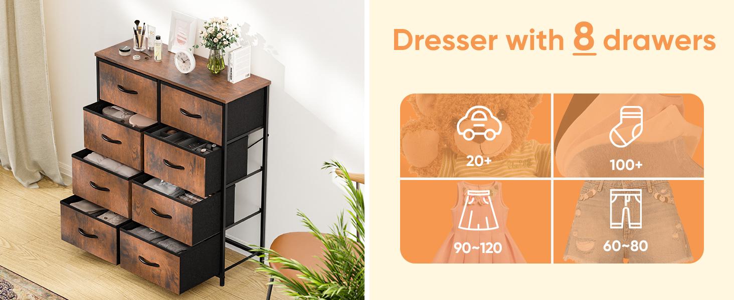 【Deal】Chest of Drawers with 8 Fabric Drawers, Sideboard with Drawers, Drawer Cabinet for Kitchen, Office, Hallway & TV Cabinet