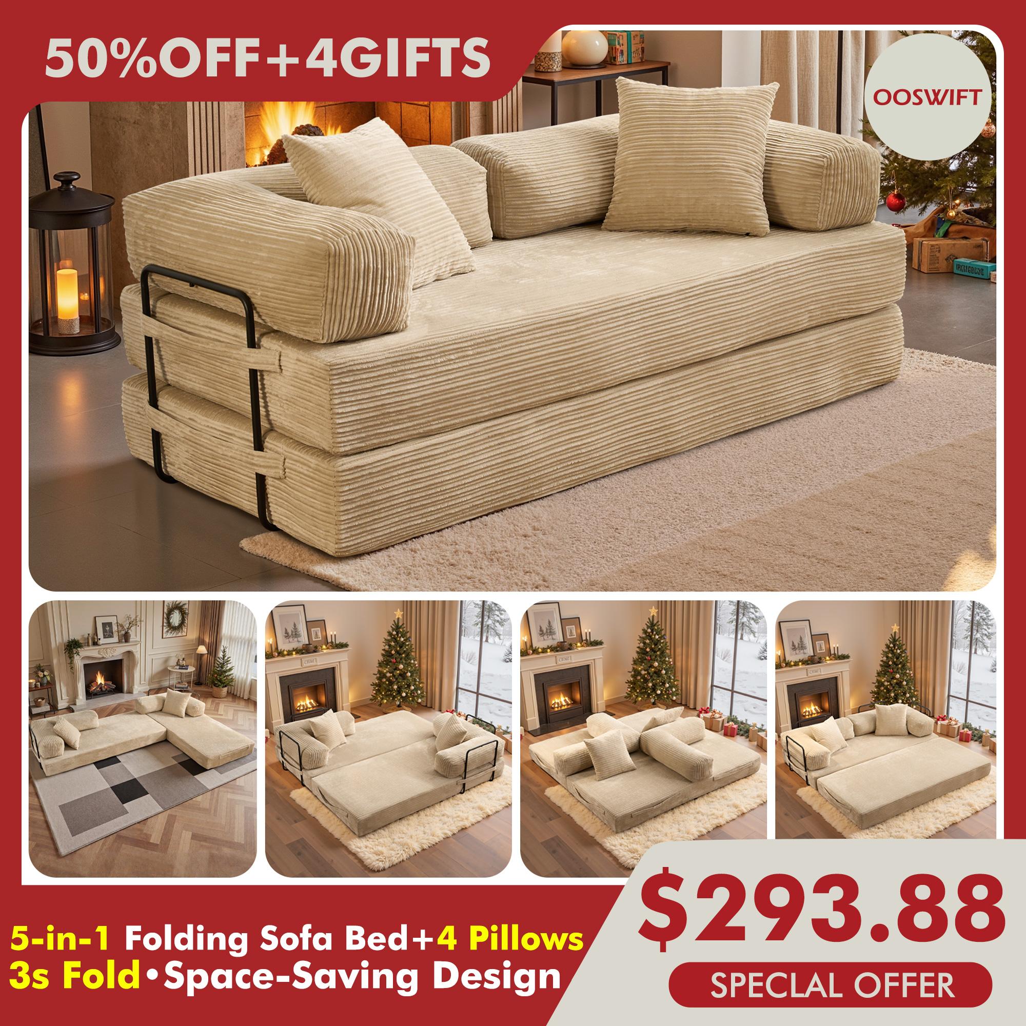 [March Limited-Time Sale]OOSWIFT 5-in-1 Folding 81" Cloud Floor Sofa Bed High-Quality Convertible Comfy Corduroy Fabric, Premium Sponge Padding, Multi-Functional Floor Sofa & Mattress for Living Room Upholstered Soft Couch,Christmas gift
