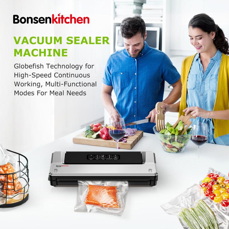 Bonsenkitchen Vacuum Sealer Machine with 40 Bags | Compact Food Sealer for Kitchen Storage & Meal Prep | Multiple Modes​​ | External Vacuum System, Silver​​