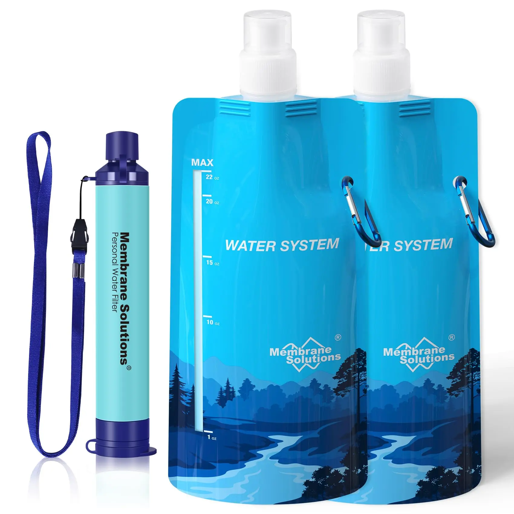 Membrane Solutions Squeezable Water Purification Unit Survival Water Purifier Kit, Portable Backpacking Gear Including Water Filter Straw and 23oz Collapsible Bottle for Hiking Camping Travel