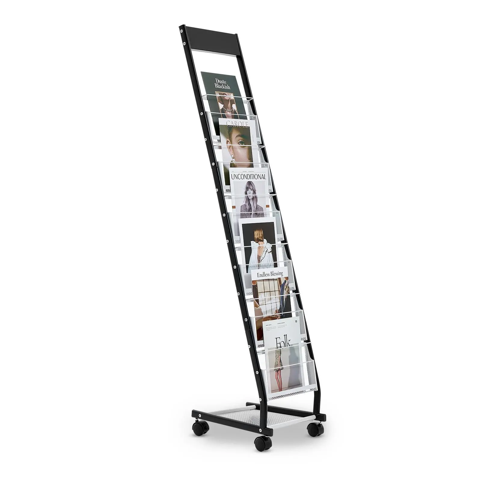 【Summerfinds】Durable Thickened Corrosion-Resistant Smooth Elegant Metal Narrow Floor-Standing Magazine Organiser, 6-Tier 6-Compartment Literature Display Rack with Wheels, 4 lbs Movable Home Supplies Holder with Instructions for Office, Shop Displays